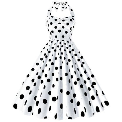 Women's Fashion Retro Hepburn Style Halter Polka-dot Slim-fit Large Swing Dress