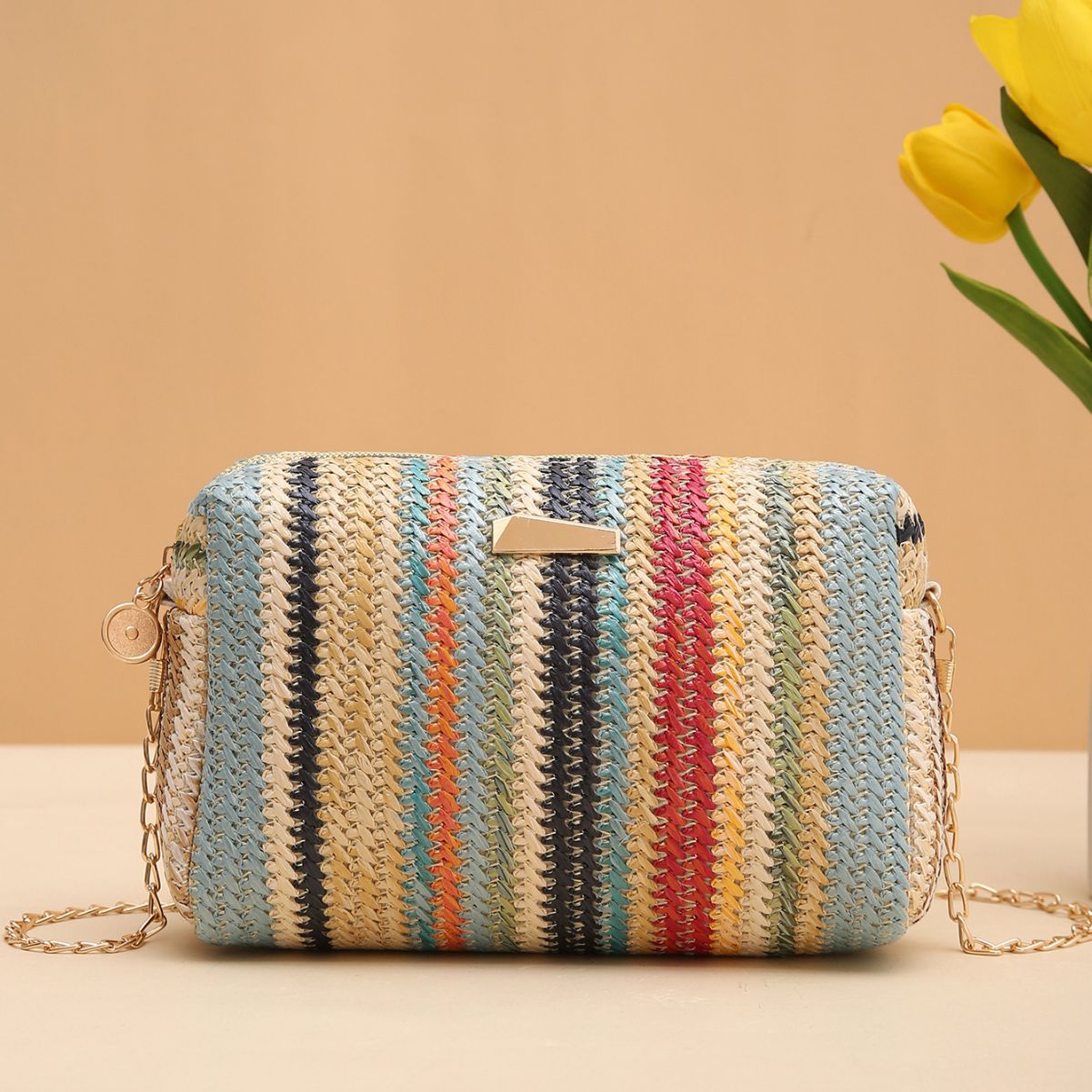 Rainbow Straw Woven Crossbody Camera Bag