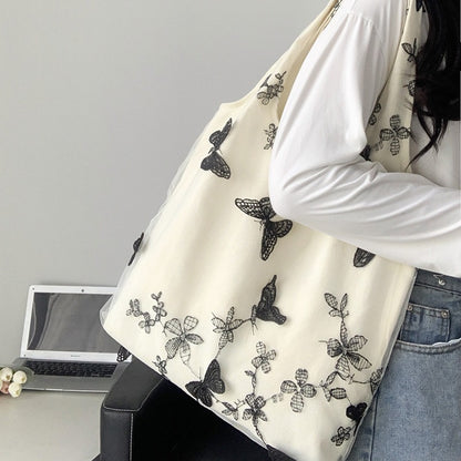 Artistic Black Butterfly Embroidered Canvas Bag