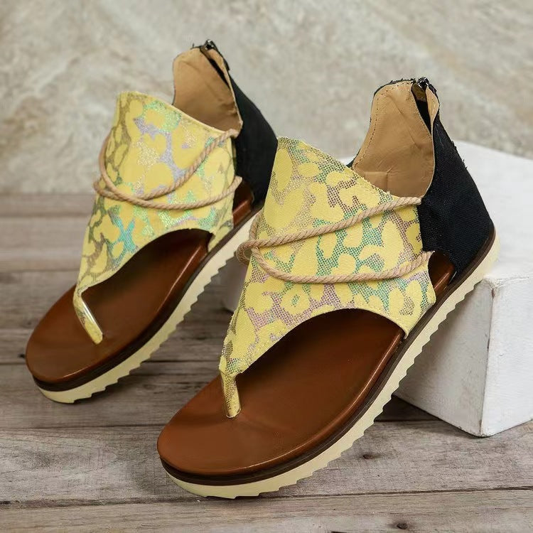 Back Zip Printed Flat Sandals