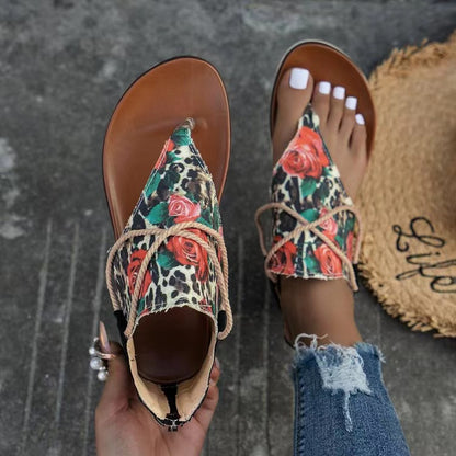 Back Zip Printed Flat Sandals