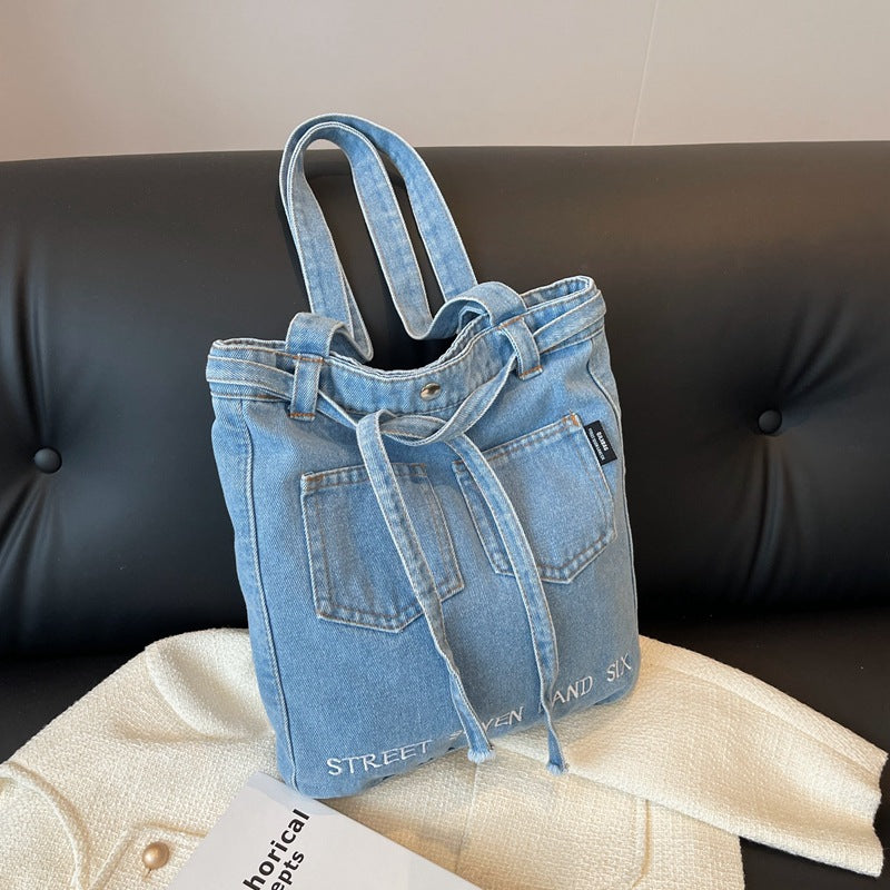 Washed Soft Denim Bag Letter Embroidery