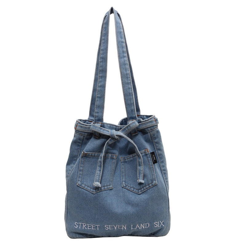 Washed Soft Denim Bag Letter Embroidery