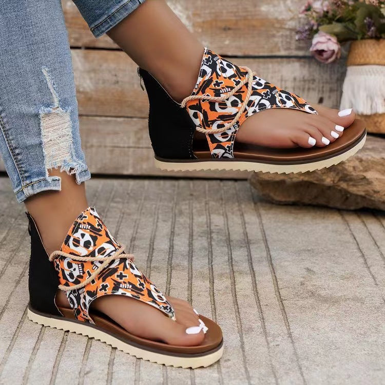 Back Zip Printed Flat Sandals