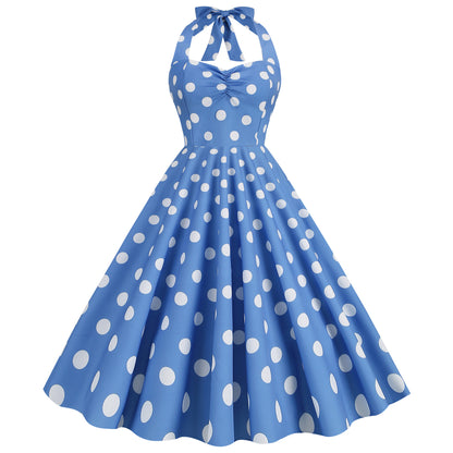 Women's Fashion Retro Hepburn Style Halter Polka-dot Slim-fit Large Swing Dress