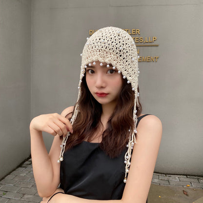 Ethnic Style Handmade Knitted Hat Tassel Pearl Fashion Hollowed-out Retro Artistic