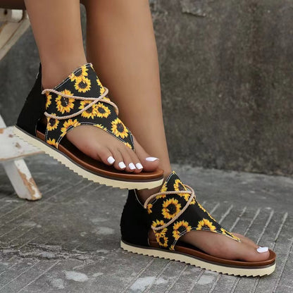 Back Zip Printed Flat Sandals