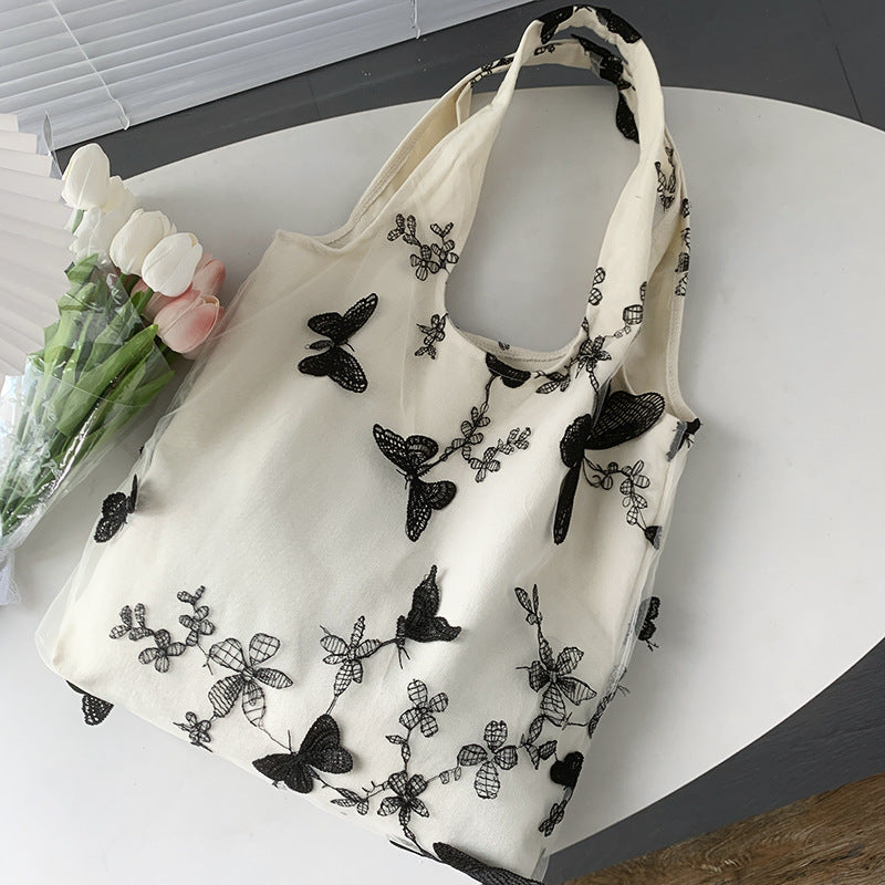 Artistic Black Butterfly Embroidered Canvas Bag