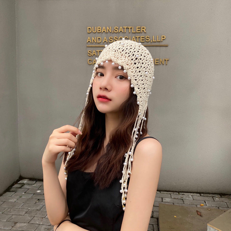 Ethnic Style Handmade Knitted Hat Tassel Pearl Fashion Hollowed-out Retro Artistic