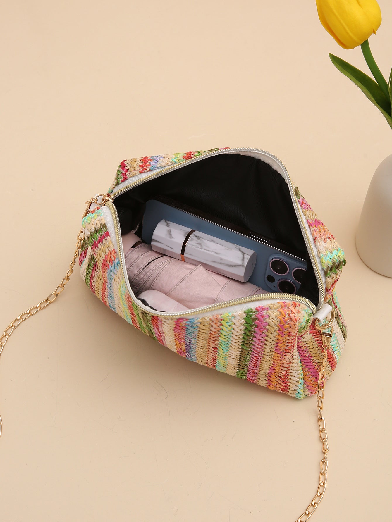 Rainbow Straw Woven Crossbody Camera Bag