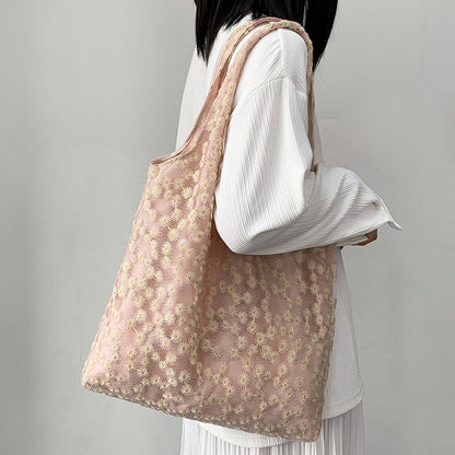 Minimalist Embroidered Canvas Flower Shoulder Bag