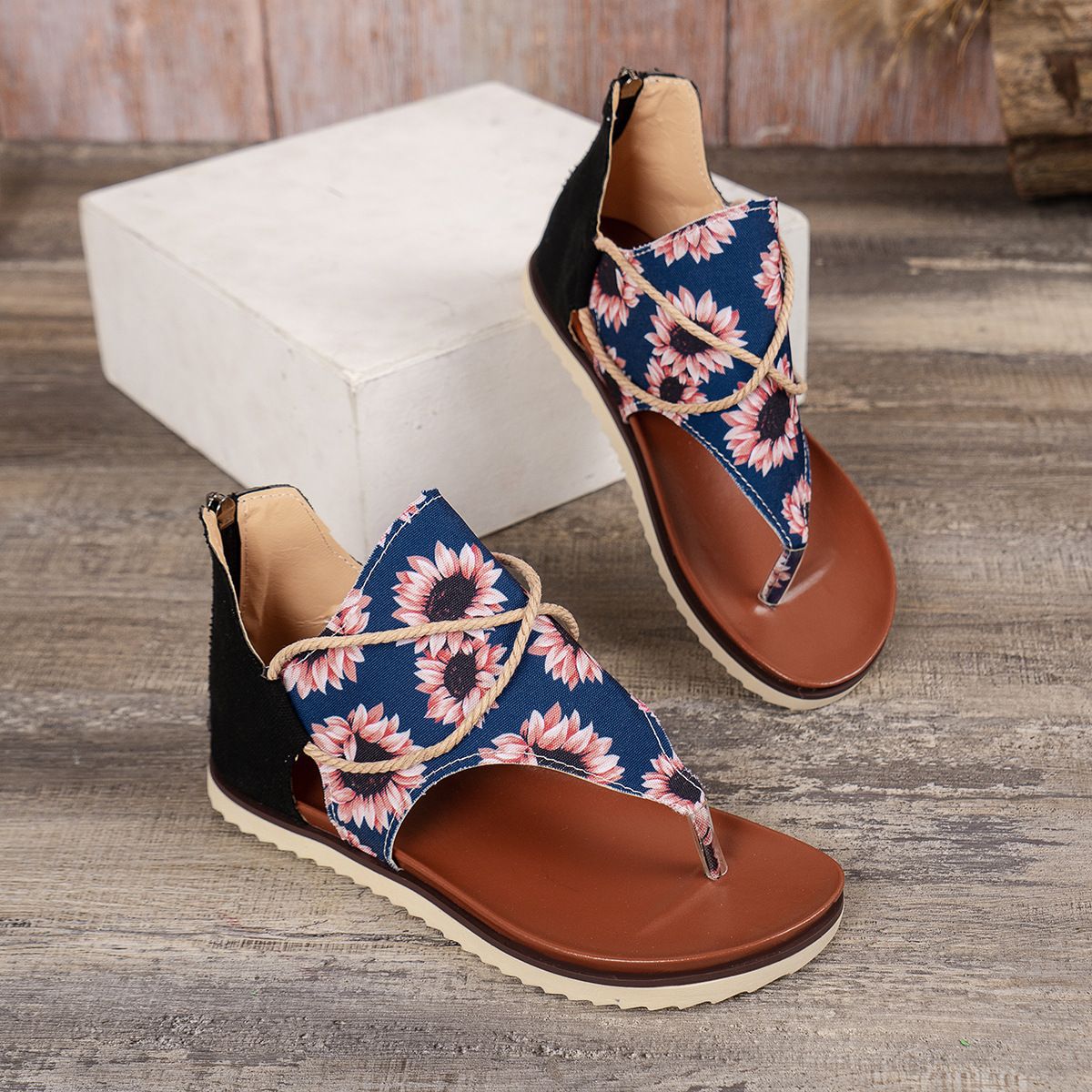 Back Zip Printed Flat Sandals