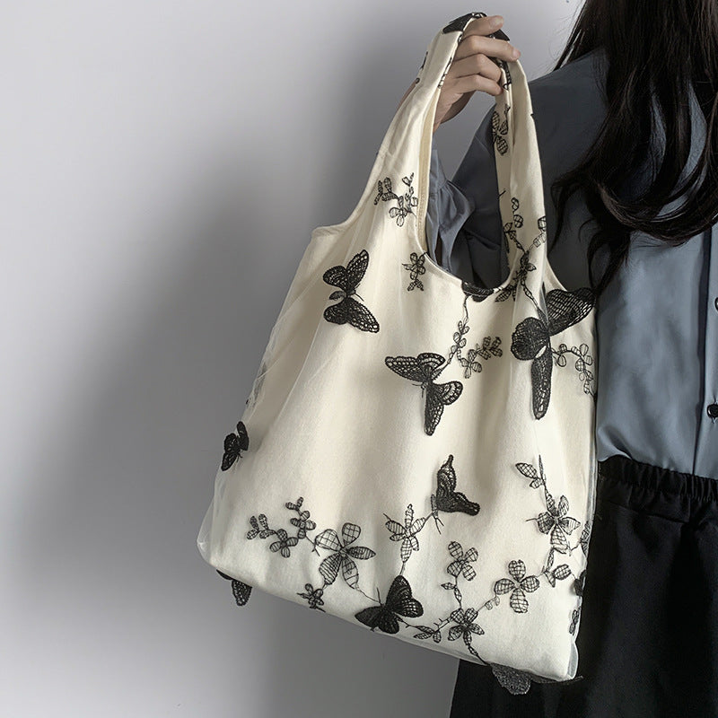 Artistic Black Butterfly Embroidered Canvas Bag