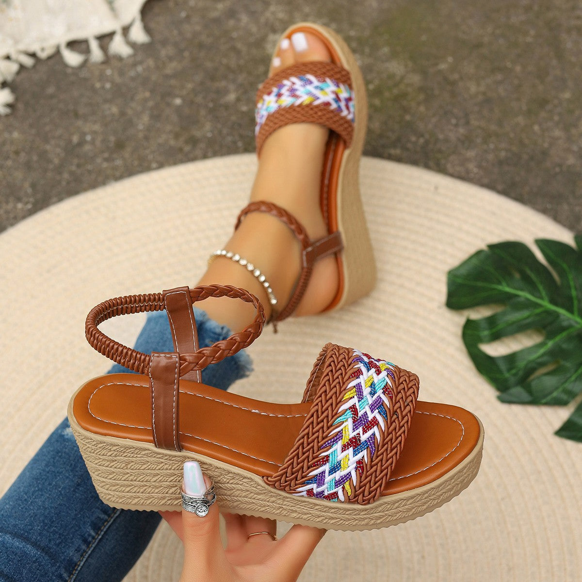 Color-Blocking Wedge Open Toe Sandals