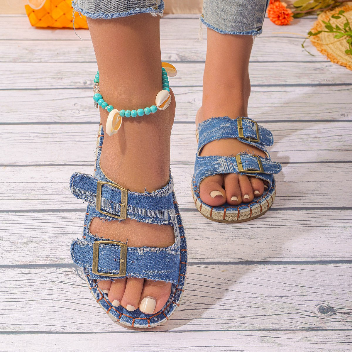 Plus Size Thick-Soled Straw Beach Sandals