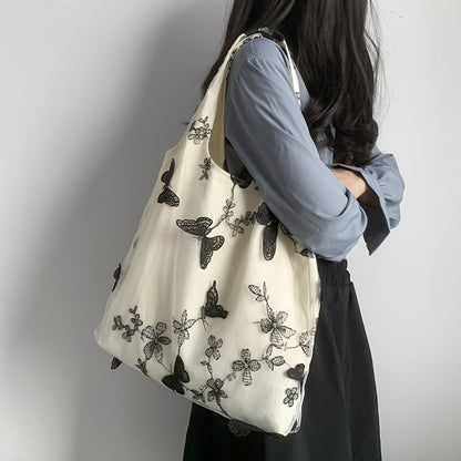 Artistic Black Butterfly Embroidered Canvas Bag