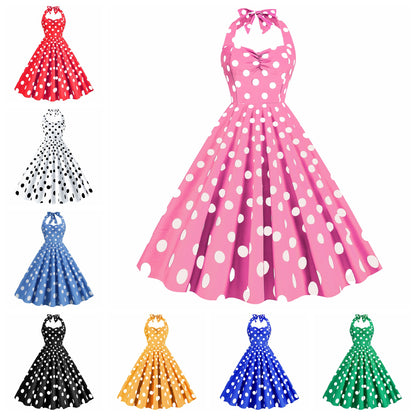 Women's Fashion Retro Hepburn Style Halter Polka-dot Slim-fit Large Swing Dress