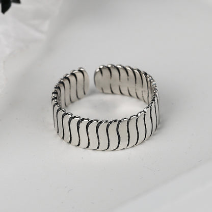 S925 Sterling Silver Wave Pattern Wide Version Marcasite Ring