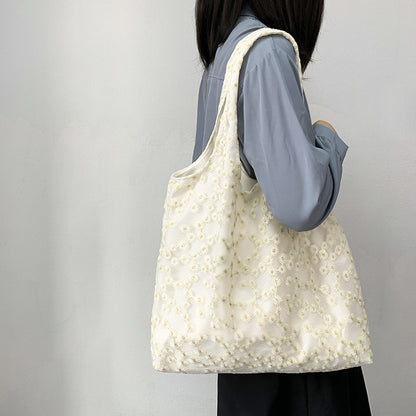 Minimalist Embroidered Canvas Flower Shoulder Bag