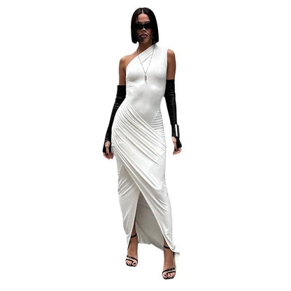 One-Shoulder Sleeveless Slim Solid Color Long Dress