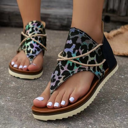 Back Zip Printed Flat Sandals