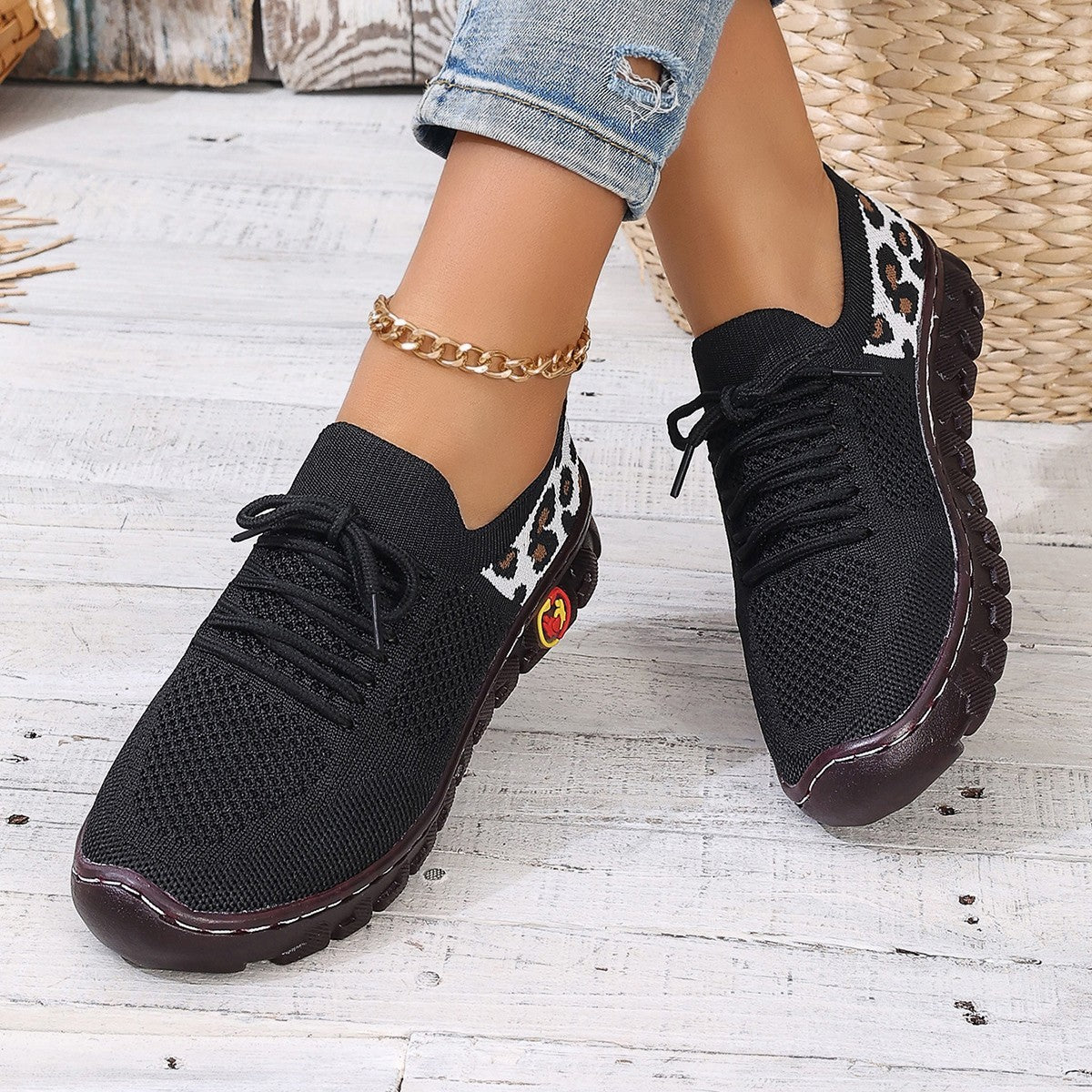 Leopard Print Lace-up Mesh Shoes