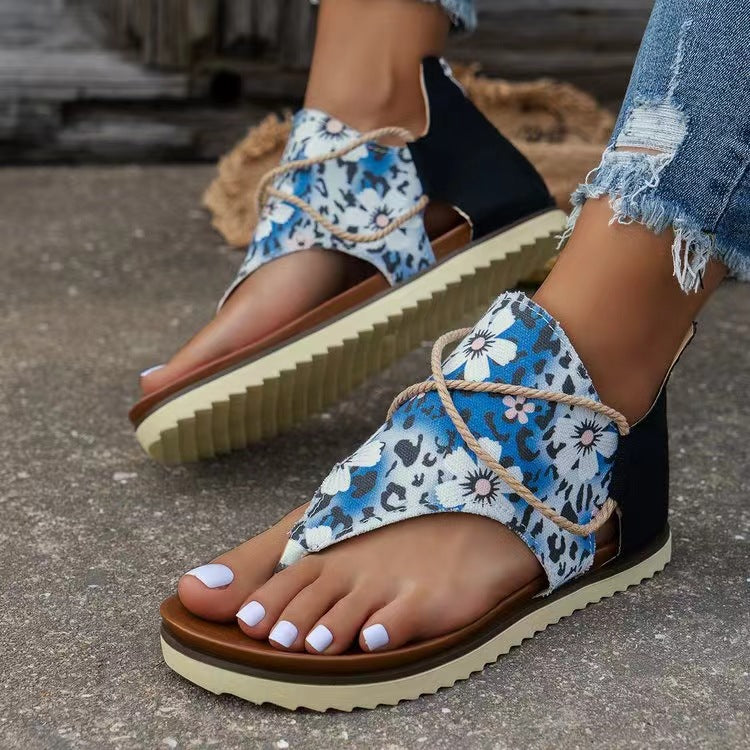 Back Zip Printed Flat Sandals