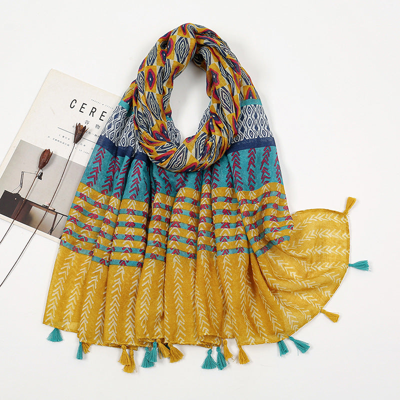 Color Matching Voile Cotton And Linen Scarf Women's Printed Tassel