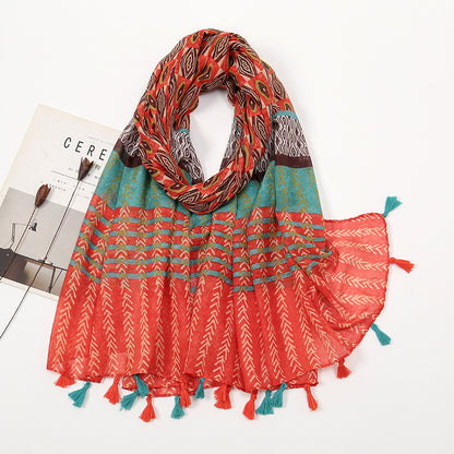 Color Matching Voile Cotton And Linen Scarf Women's Printed Tassel