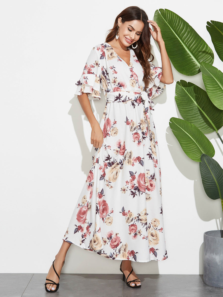 Printed V-neck Large Swing Dress