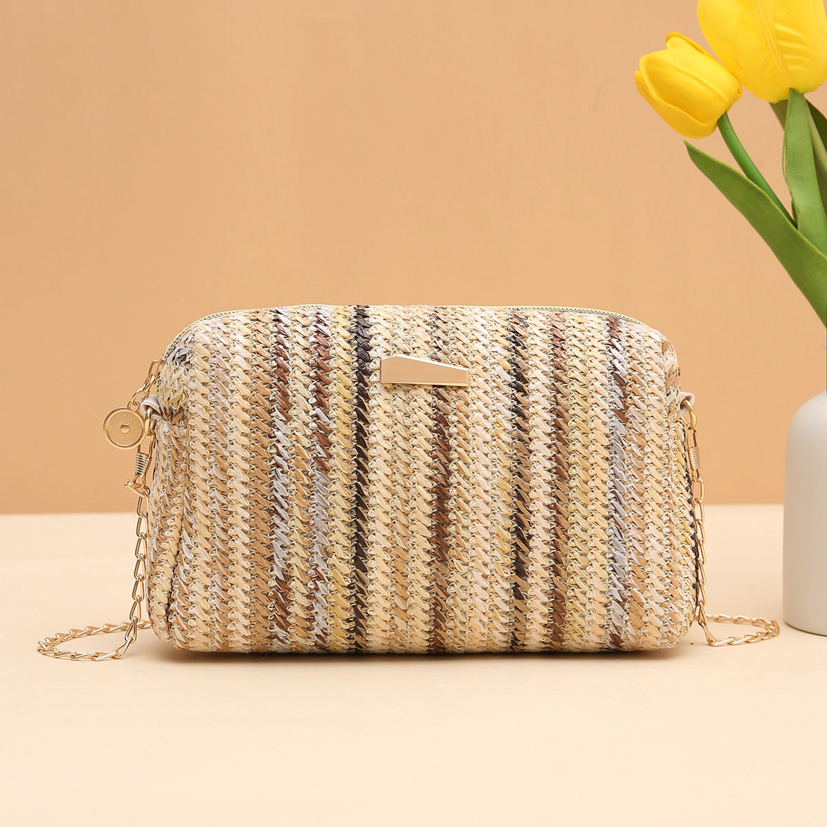 Rainbow Straw Woven Crossbody Camera Bag