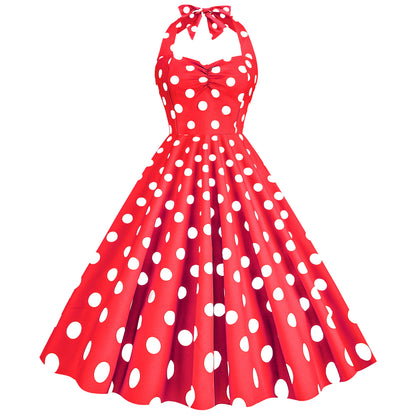 Women's Fashion Retro Hepburn Style Halter Polka-dot Slim-fit Large Swing Dress