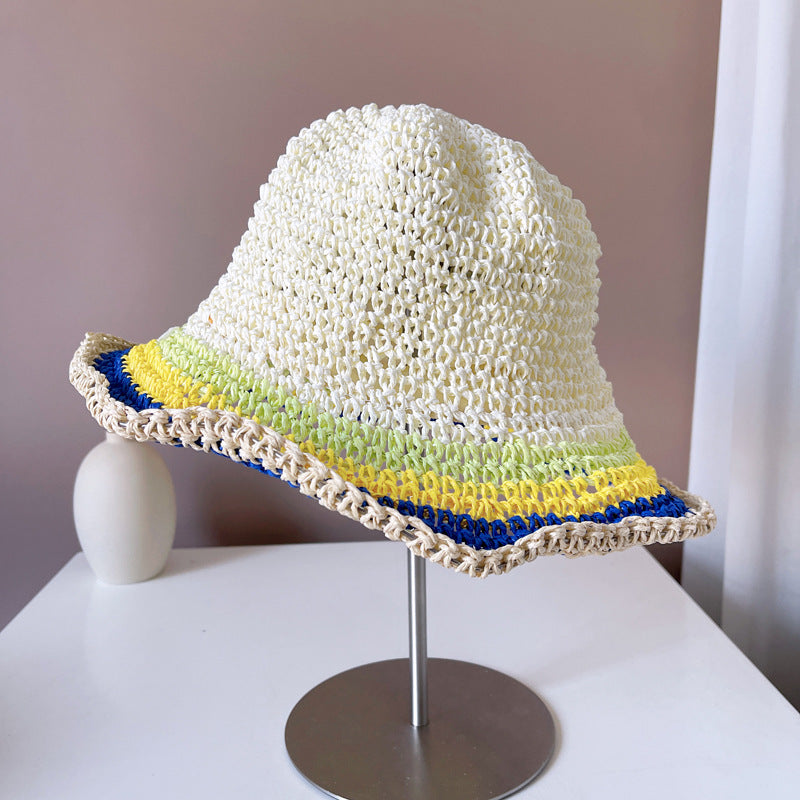 Women's Sun Protection Contrast Color Striped Straw Hat