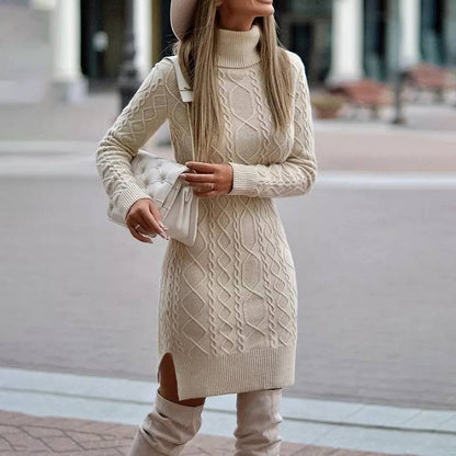 Turtleneck Knitted Dress with Slit Winter Sweater for Women