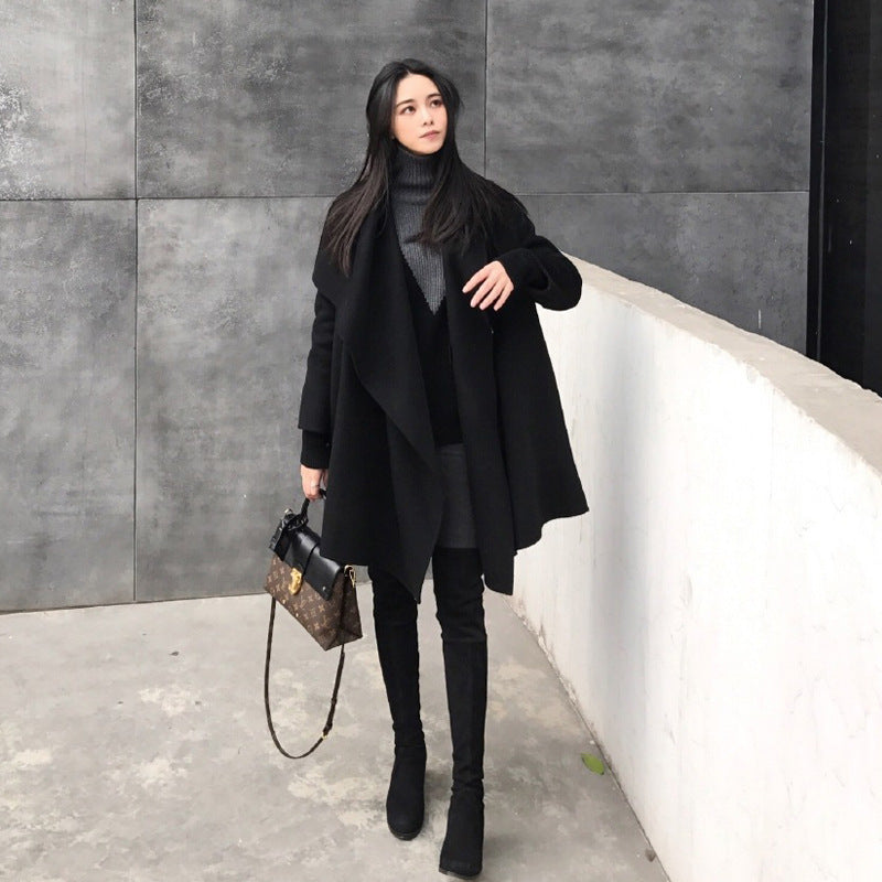 Black Medium Long Irregular Loose Cloak Woolen Coat