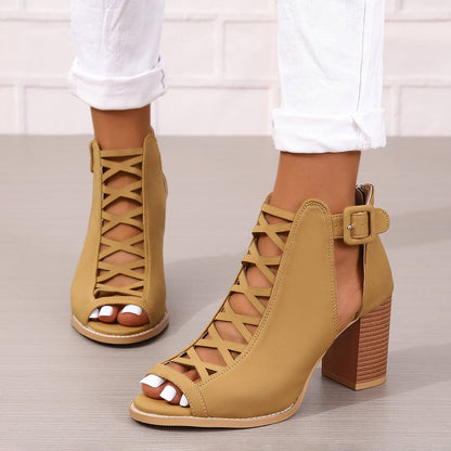 Round Toe Buckle High Heel Sandals Thick Heel