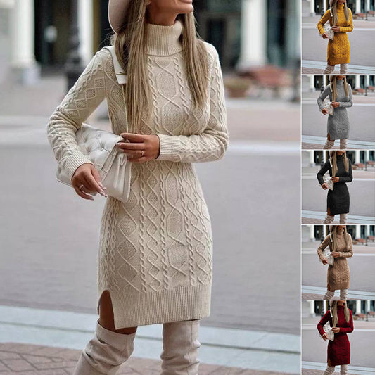 Turtleneck Knitted Dress with Slit Winter Sweater for Women