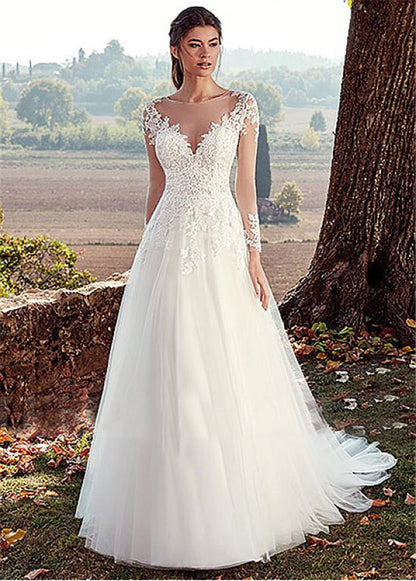 High U-neck Lace Long Sleeve A- Line Long Tail Simple Wedding Dress