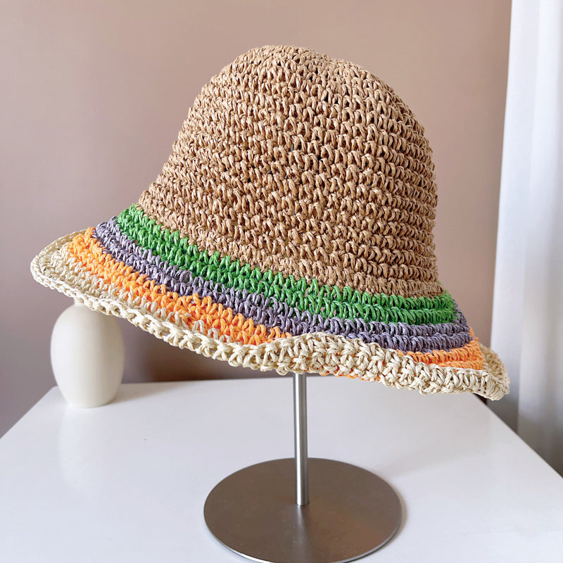 Women's Sun Protection Contrast Color Striped Straw Hat