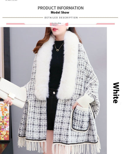 Plus Size Tassel Knitted Cardigan with Fur Collar