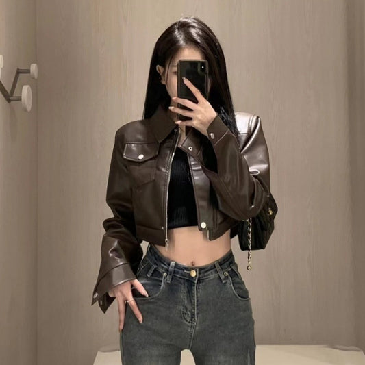 Retro Coffee Leather Moto Jacket