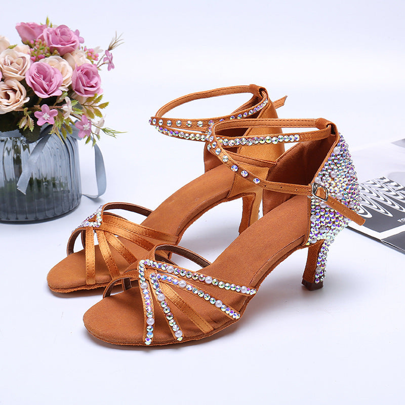 Latin Dance Shoes Rhinestone Pearl Satin Women