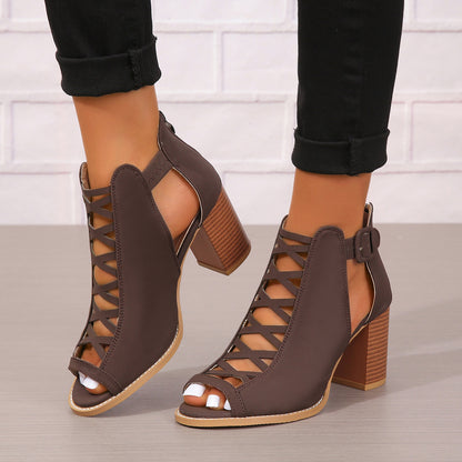 Round Toe Buckle High Heel Sandals Thick Heel