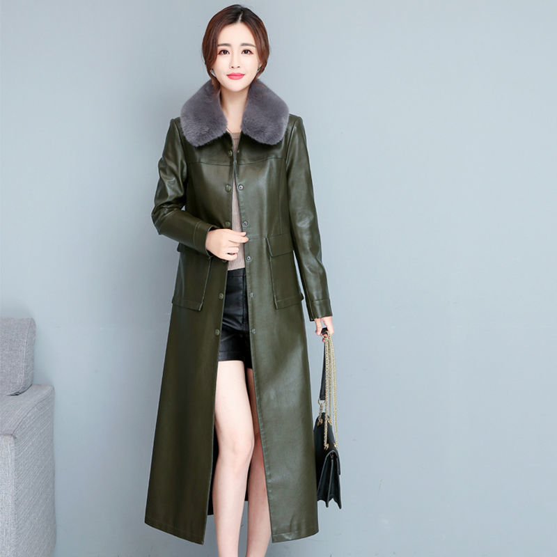 Ladies Fashion Thin Leather Trench Coat Coat