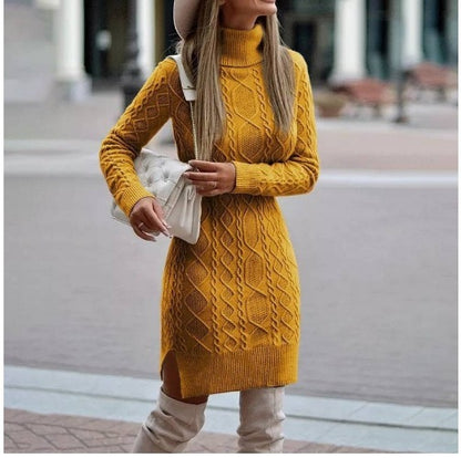 Turtleneck Knitted Dress with Slit Winter Sweater for Women