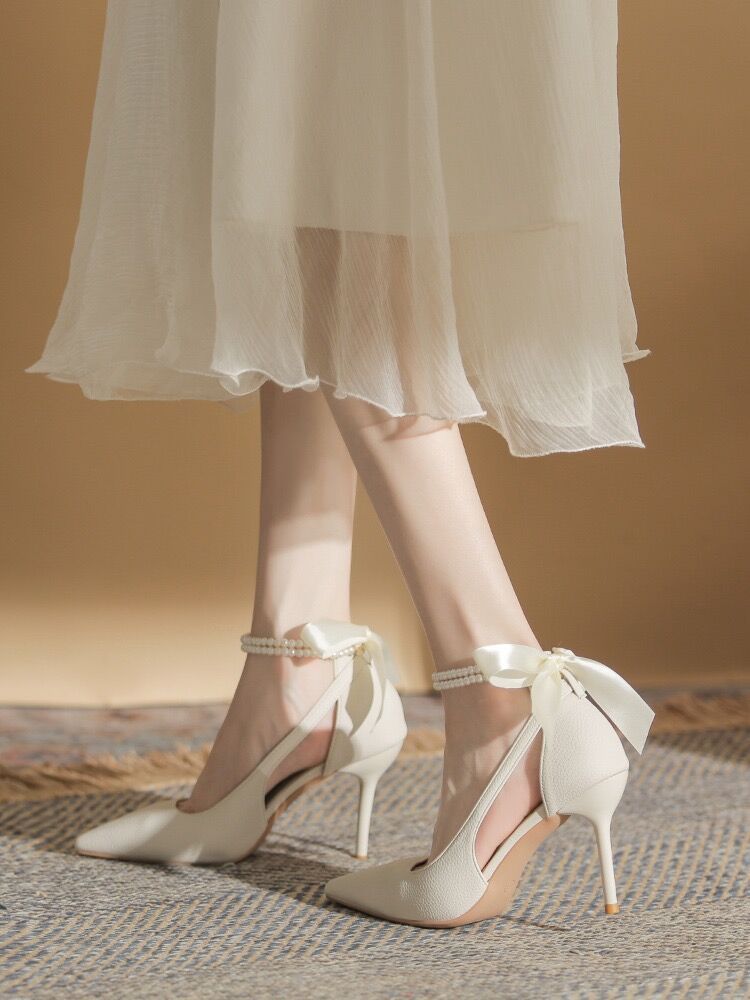 White Stiletto Heels with Bow Detail for Bridesmaids