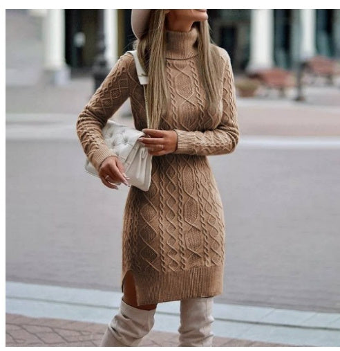 Turtleneck Knitted Dress with Slit Winter Sweater for Women