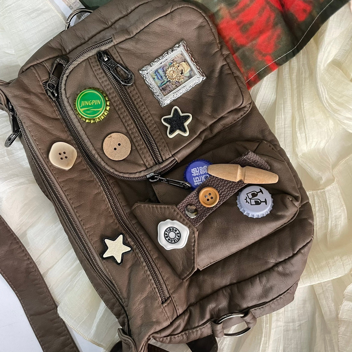 Vintage Button Patch Crossbody Bag