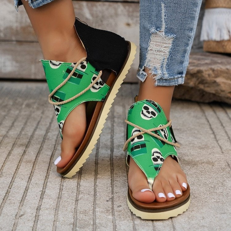 Back Zipper Flip-Toe Printed Flat Sandals