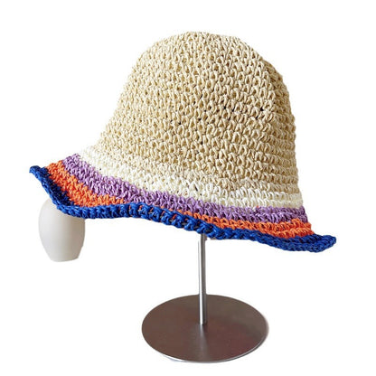 Women's Sun Protection Contrast Color Striped Straw Hat